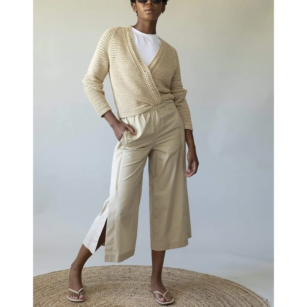 Vince Side Slit Culotte Pants Cropped Drawstring Womens Size M Tan Cotton Poplin